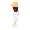Vector hand drawn illustration of a young walking lady with long chestnut hair wearing lavender summer dress and a straw hat. Back